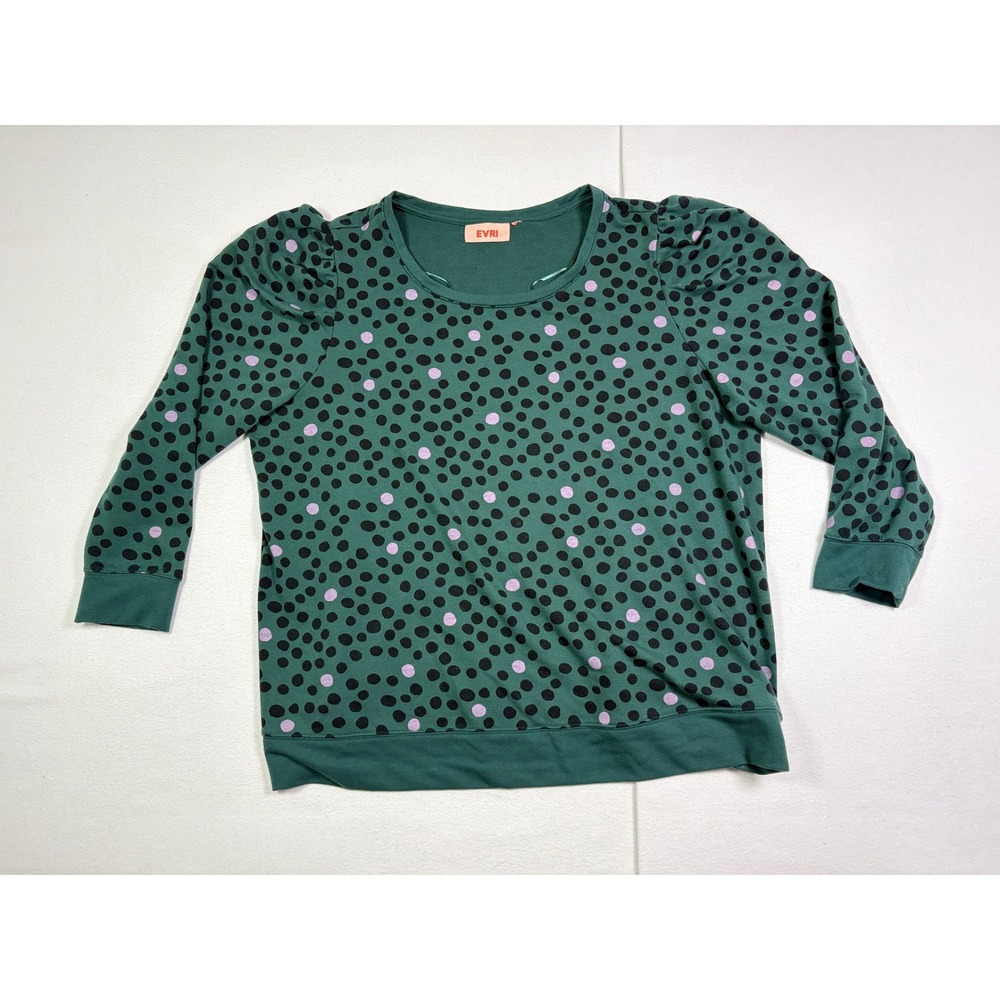 EVRI Womens Green Polka Dot Puff 3/4 Sleeve Scoop Neck Pullover Top Plus Size